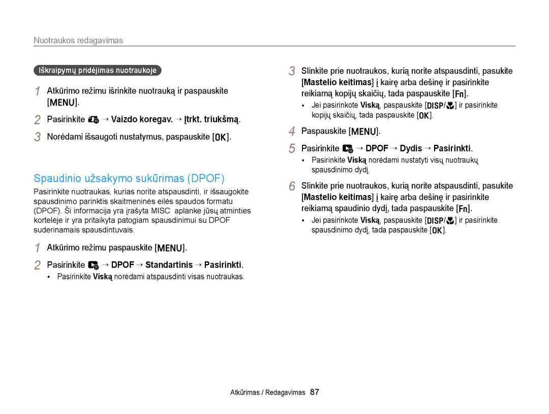 Samsung EC-ST77ZZFPBE2, EC-ST77ZZBPWE2 Spaudinio užsakymo sukūrimas Dpof, Pasirinkite u “ Dpof “ Standartinis “ Pasirinkti 