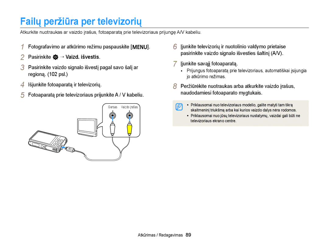 Samsung EC-ST77ZZBPWE2, EC-ST77ZZBPRE2, EC-ST77ZZBPBE2 manual Failų peržiūra per televizorių, Įjunkite savąjį fotoaparatą 