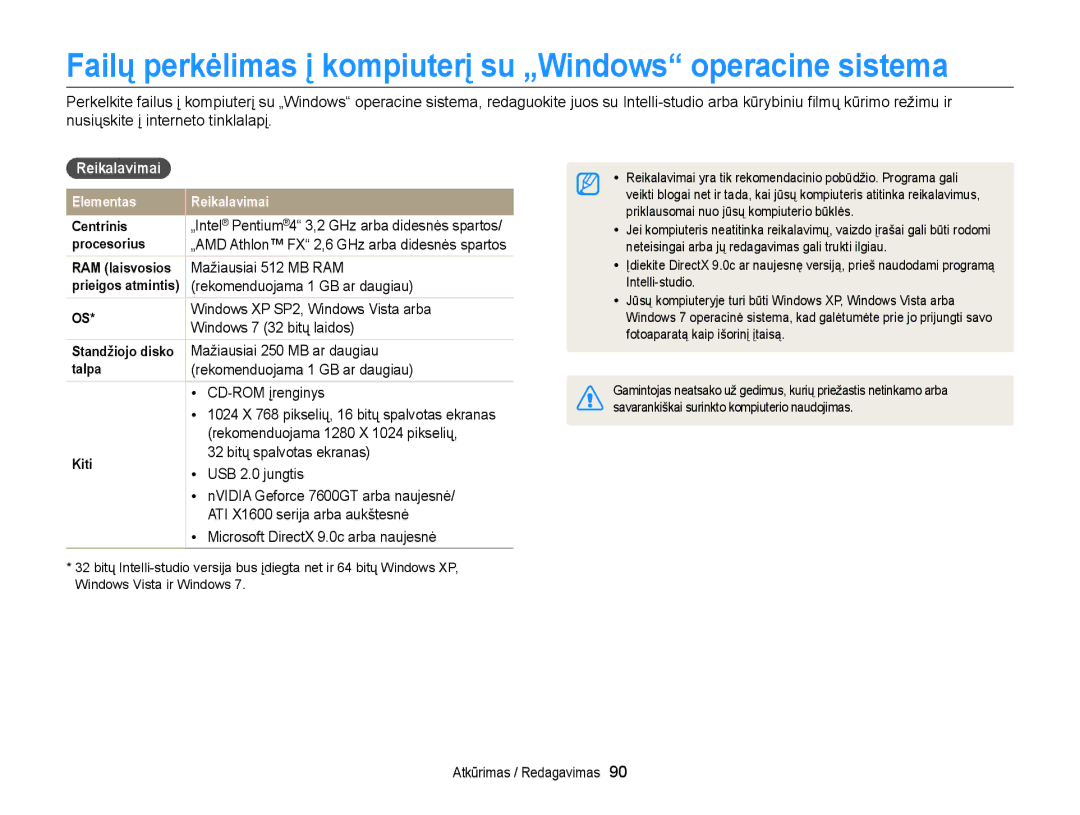 Samsung EC-ST77ZZBPRE2, EC-ST77ZZBPWE2 manual Failų perkėlimas į kompiuterį su „Windows operacine sistema, Reikalavimai 