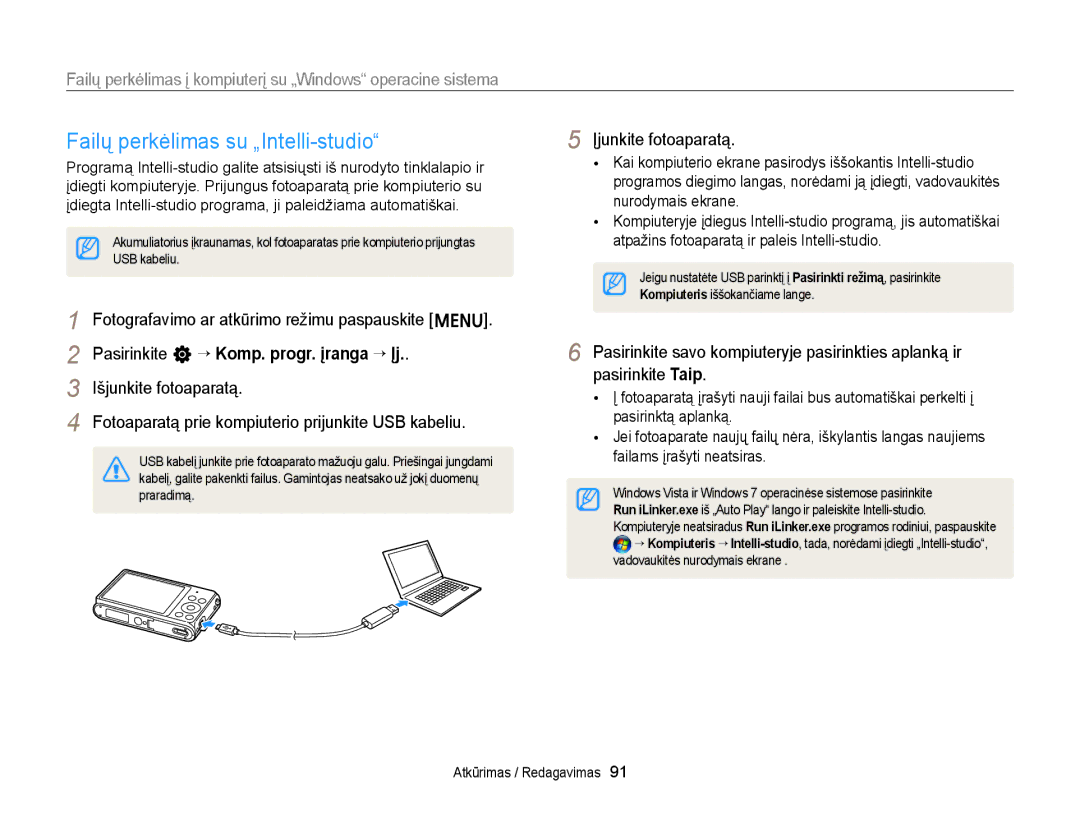 Samsung EC-ST77ZZBPBE2 Failų perkėlimas su „Intelli-studio, Failų perkėlimas į kompiuterį su „Windows operacine sistema 