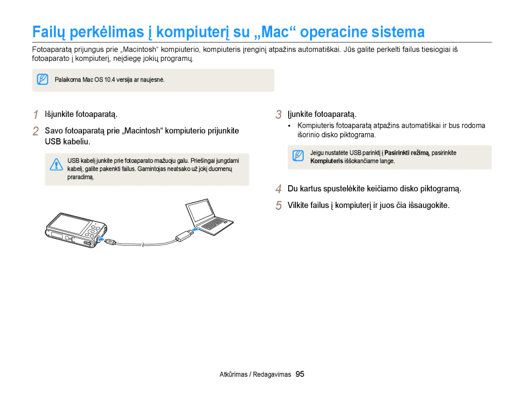 Samsung EC-ST77ZZFPLE2, EC-ST77ZZBPWE2, EC-ST77ZZBPRE2 manual Failų perkėlimas į kompiuterį su „Mac operacine sistema 