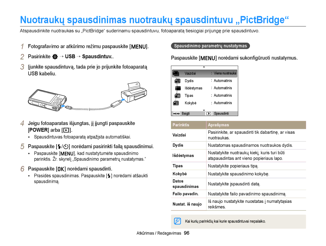 Samsung EC-ST77ZZFPSE2 Paspauskite m norėdami sukonﬁgūruoti nustatymus, Power arba P, Paspauskite o norėdami spausdinti 