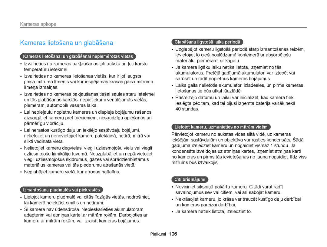 Samsung EC-ST77ZZFPSE2, EC-ST77ZZBPWE2, EC-ST77ZZBPRE2, EC-ST77ZZBPBE2 manual Kameras lietošana un glabāšana, Kameras apkope 