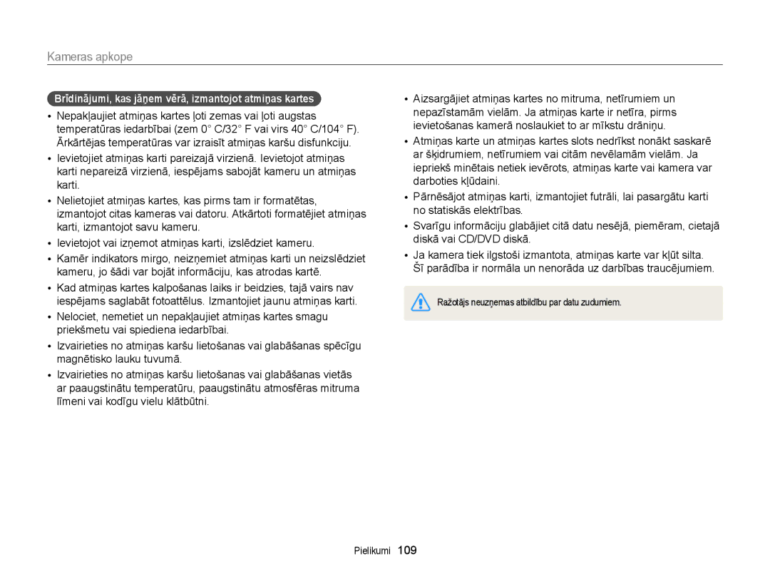 Samsung EC-ST77ZZBPWE2, EC-ST77ZZBPRE2, EC-ST77ZZBPBE2 manual Brīdinājumi, kas jāņem vērā, izmantojot atmiņas kartes 