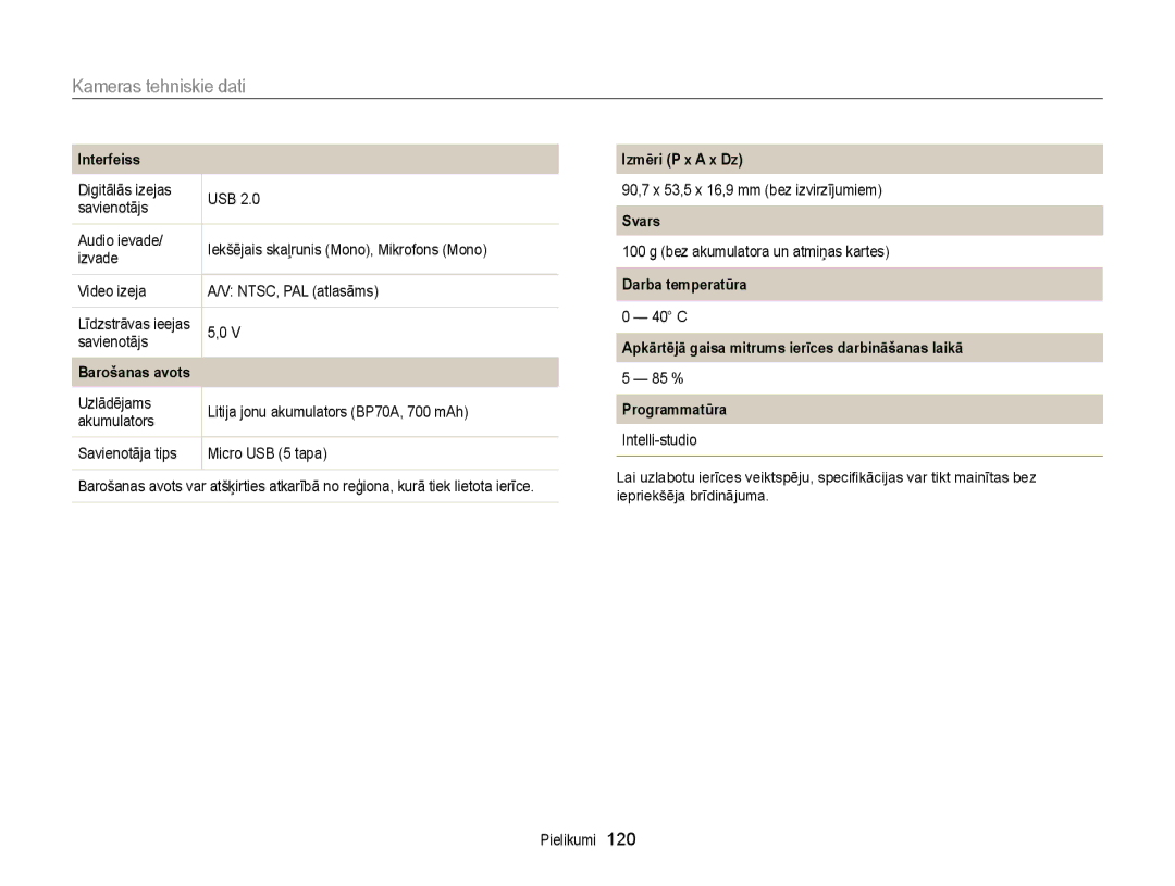 Samsung EC-ST77ZZBPRE2, EC-ST77ZZBPWE2 manual Interfeiss, Barošanas avots, Izmēri P x a x Dz, Svars, Darba temperatūra 