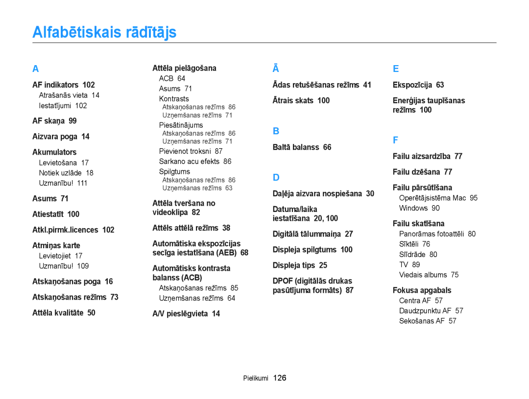 Samsung EC-ST77ZZFPSE2, EC-ST77ZZBPWE2, EC-ST77ZZBPRE2, EC-ST77ZZBPBE2, EC-ST77ZZFPWE2, EC-ST77ZZFPRE2 Alfabētiskais rādītājs 