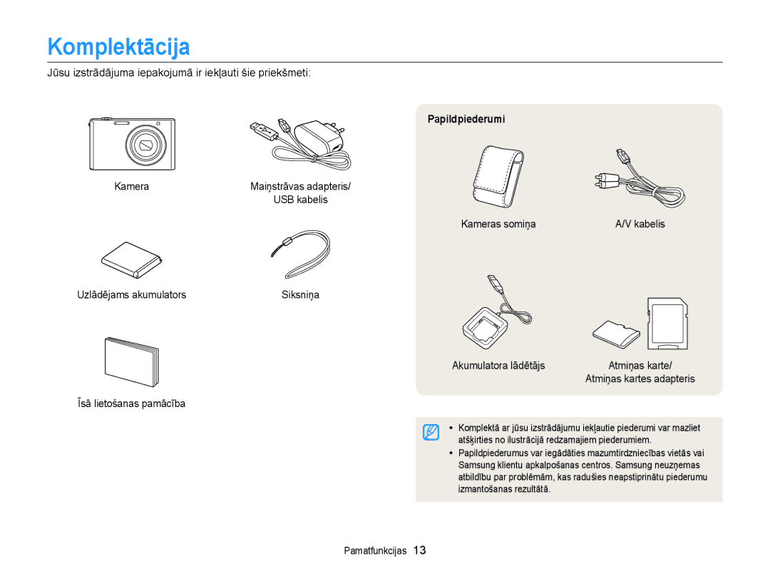 Samsung EC-ST77ZZFPRE2, EC-ST77ZZBPWE2, EC-ST77ZZBPRE2, EC-ST77ZZBPBE2, EC-ST77ZZFPWE2 manual Komplektācija, Papildpiederumi 