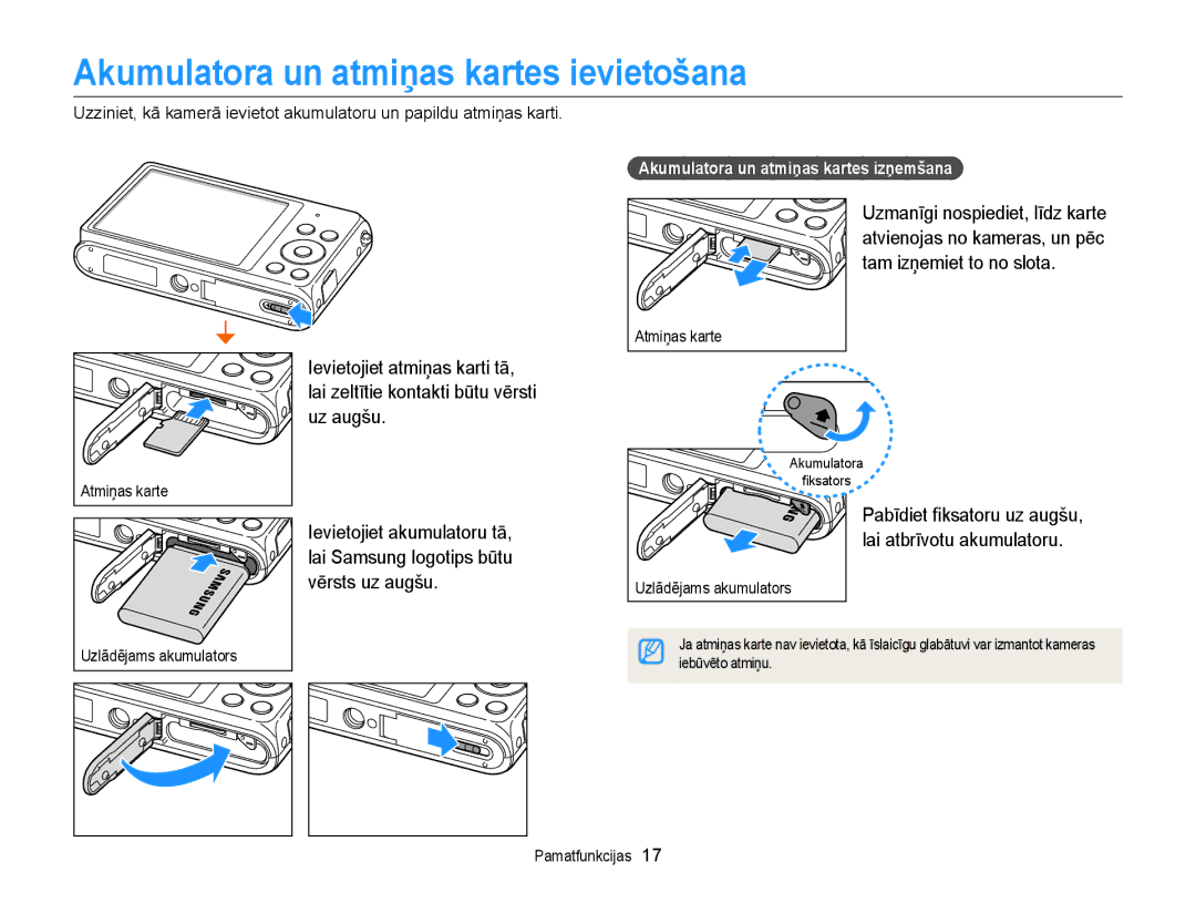 Samsung EC-ST77ZZFPBE2, EC-ST77ZZBPWE2 manual Akumulatora un atmiņas kartes ievietošana, Uz augšu, Tam izņemiet to no slota 