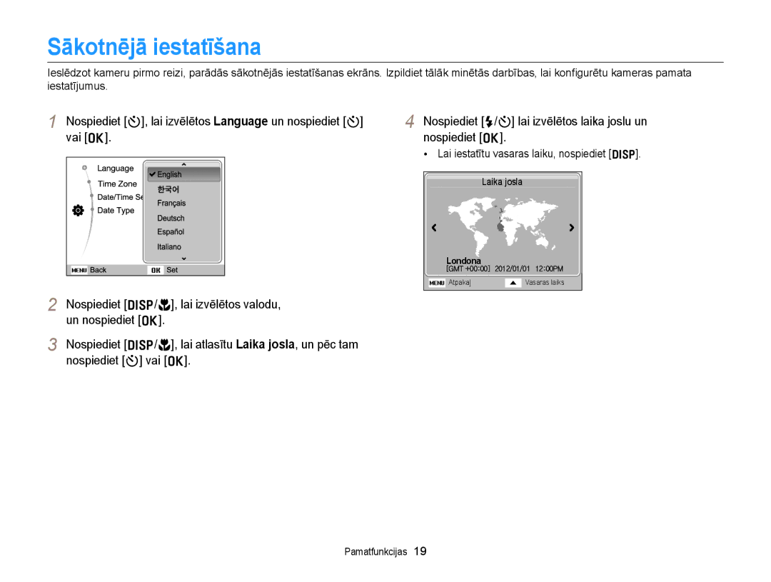 Samsung EC-ST77ZZBPWE2 Sākotnējā iestatīšana, Nospiediet t, lai izvēlētos Language un nospiediet t, Vai o Nospiediet o 