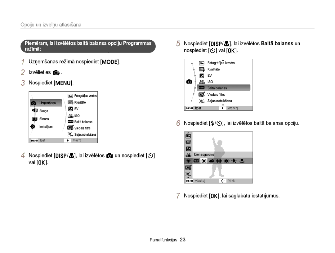 Samsung EC-ST77ZZFPRE2 manual Opciju un izvēlņu atlasīšana, Uzņemšanas režīmā nospiediet M Izvēlieties p Nospiediet m 