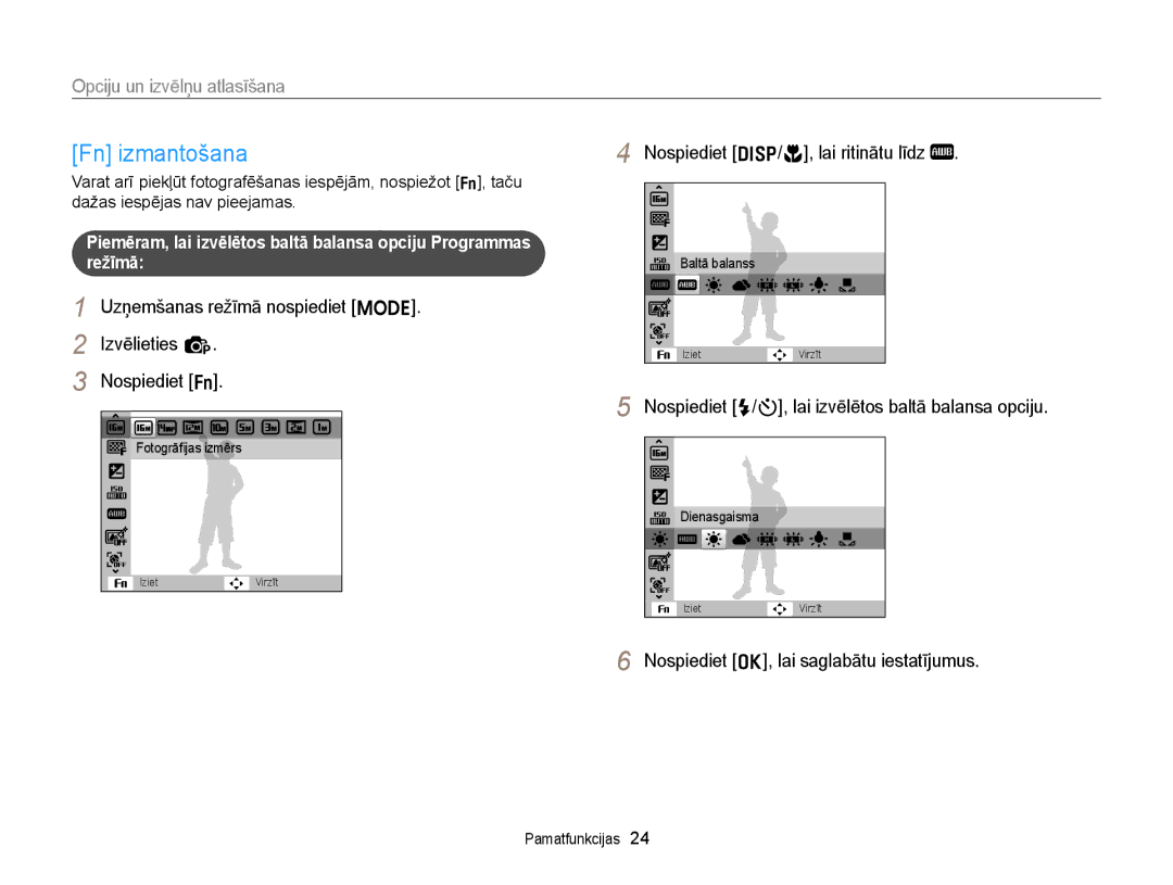 Samsung EC-ST77ZZBPSE2, EC-ST77ZZBPWE2 manual Fn izmantošana, Uzņemšanas režīmā nospiediet M Izvēlieties p Nospiediet f 