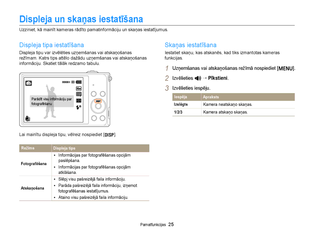 Samsung EC-ST77ZZFPLE2, EC-ST77ZZBPWE2 manual Displeja un skaņas iestatīšana, Displeja tipa iestatīšana, Skaņas iestatīšana 