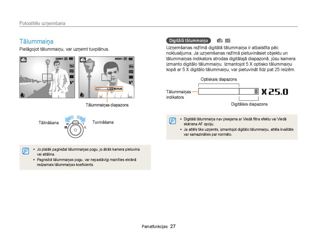 Samsung EC-ST77ZZFPBE2, EC-ST77ZZBPWE2 manual Tālummaiņa, Fotoattēlu uzņemšana, Digitālā tālummaiņa p s, Optiskais diapazons 