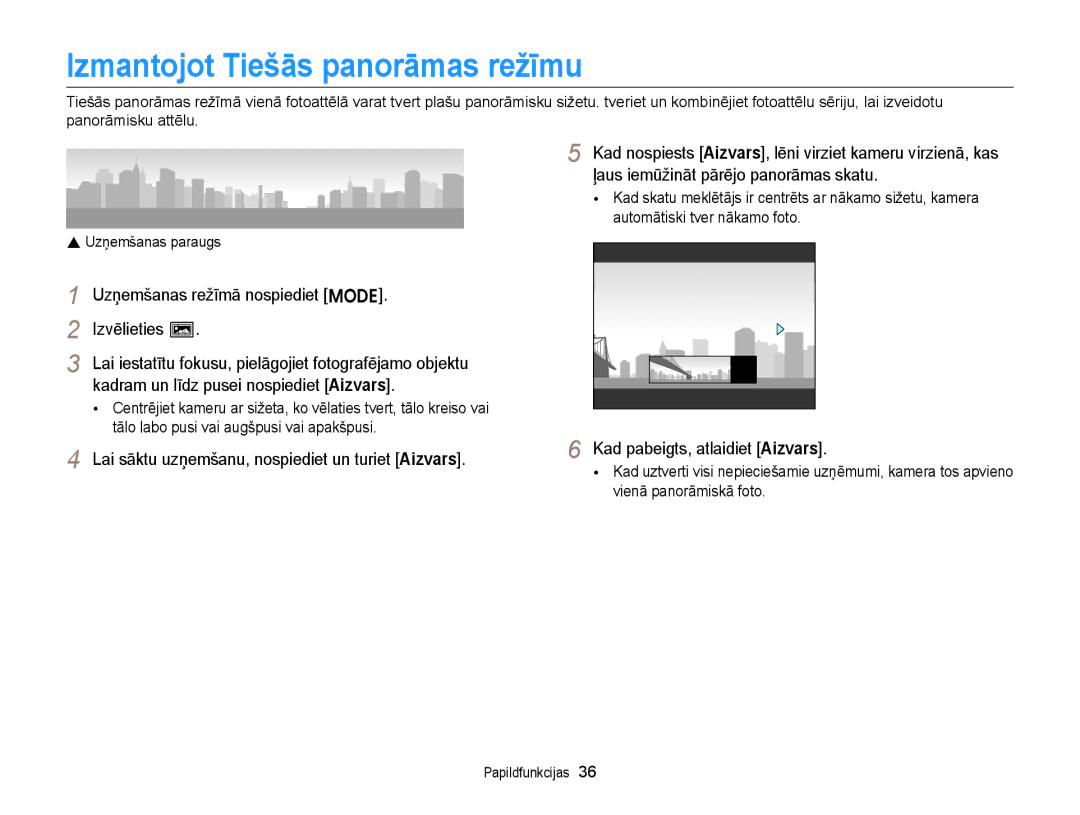 Samsung EC-ST77ZZFPSE2, EC-ST77ZZBPWE2 Izmantojot Tiešās panorāmas režīmu, Uzņemšanas režīmā nospiediet M, Izvēlieties N 