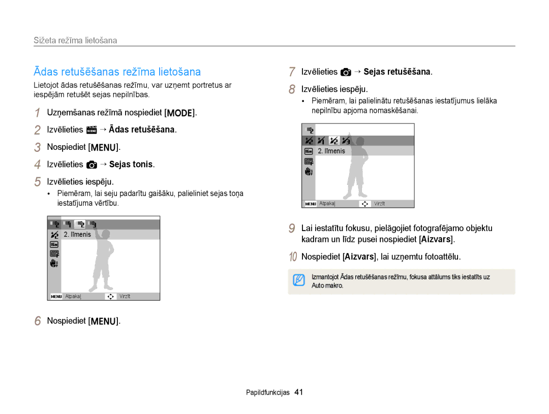 Samsung EC-ST77ZZBPBE2, EC-ST77ZZBPWE2, EC-ST77ZZBPRE2, EC-ST77ZZFPWE2, EC-ST77ZZFPRE2 manual Ādas retušēšanas režīma lietošana 