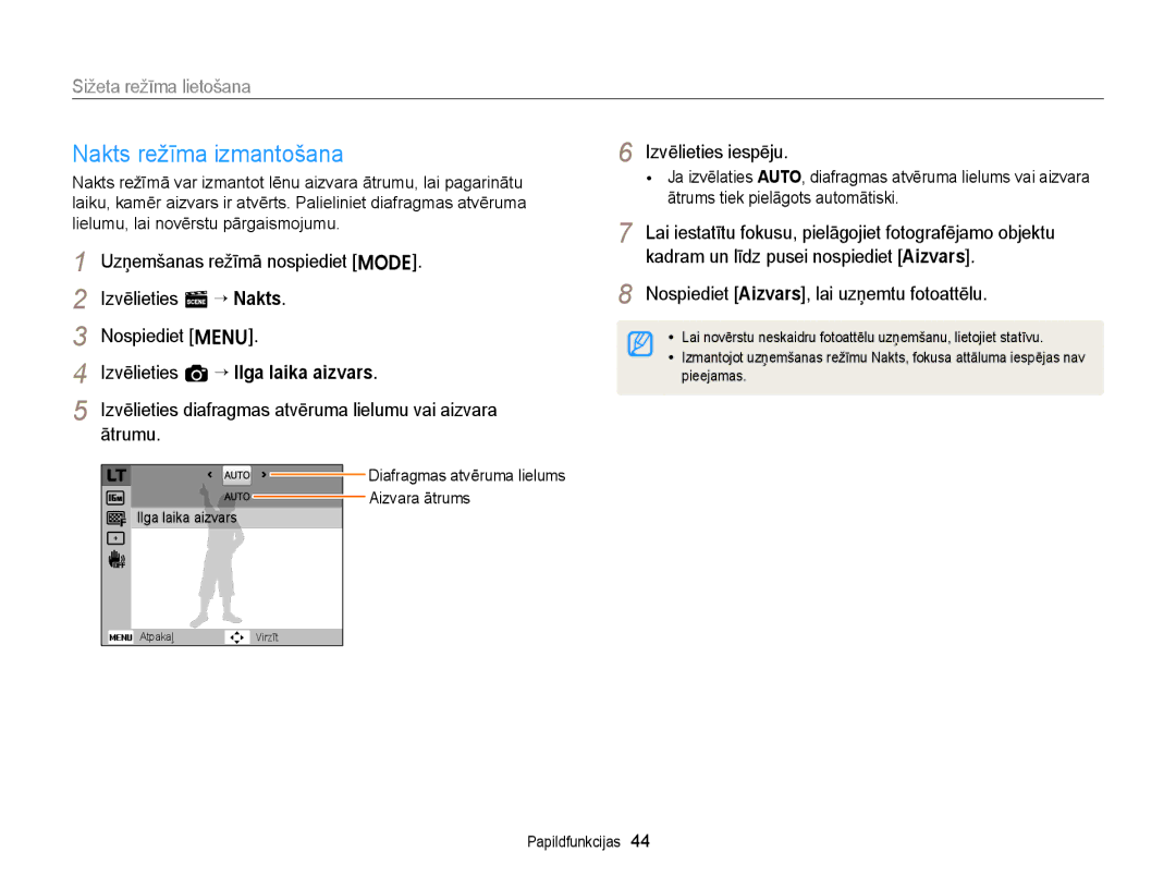 Samsung EC-ST77ZZBPSE2 manual Nakts režīma izmantošana, Izvēlieties diafragmas atvēruma lielumu vai aizvara ātrumu 