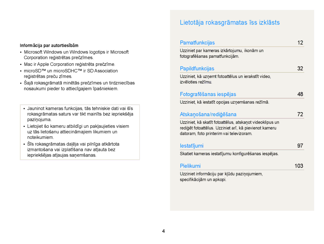 Samsung EC-ST77ZZBPSE2 manual Lietotāja rokasgrāmatas īss izklāsts, Informācija par autortiesībām, Izvēloties režīmu 