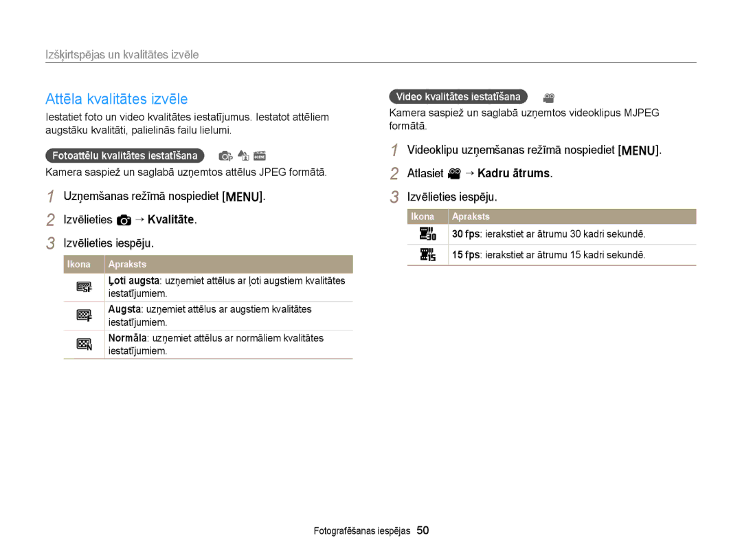 Samsung EC-ST77ZZBPRE2, EC-ST77ZZBPWE2, EC-ST77ZZBPBE2 manual Attēla kvalitātes izvēle, Izšķirtspējas un kvalitātes izvēle 