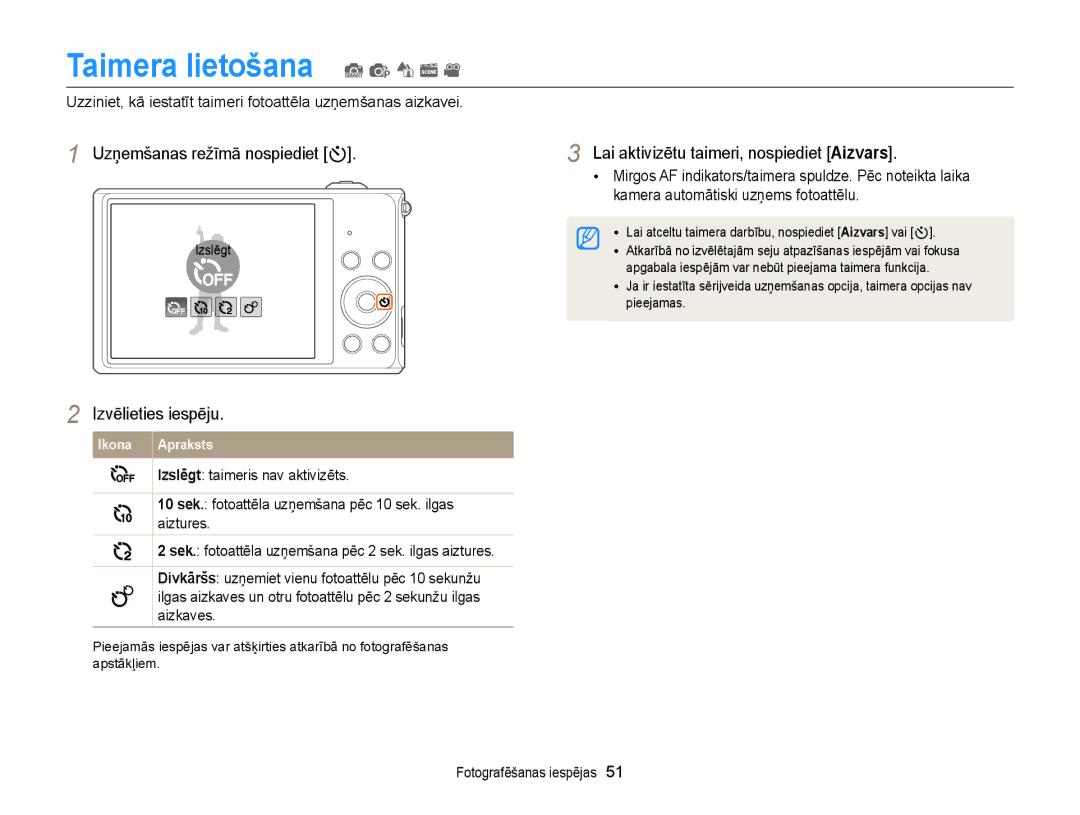 Samsung EC-ST77ZZBPBE2, EC-ST77ZZBPWE2, EC-ST77ZZBPRE2 manual Taimera lietošana S p d s, Uzņemšanas režīmā nospiediet t 