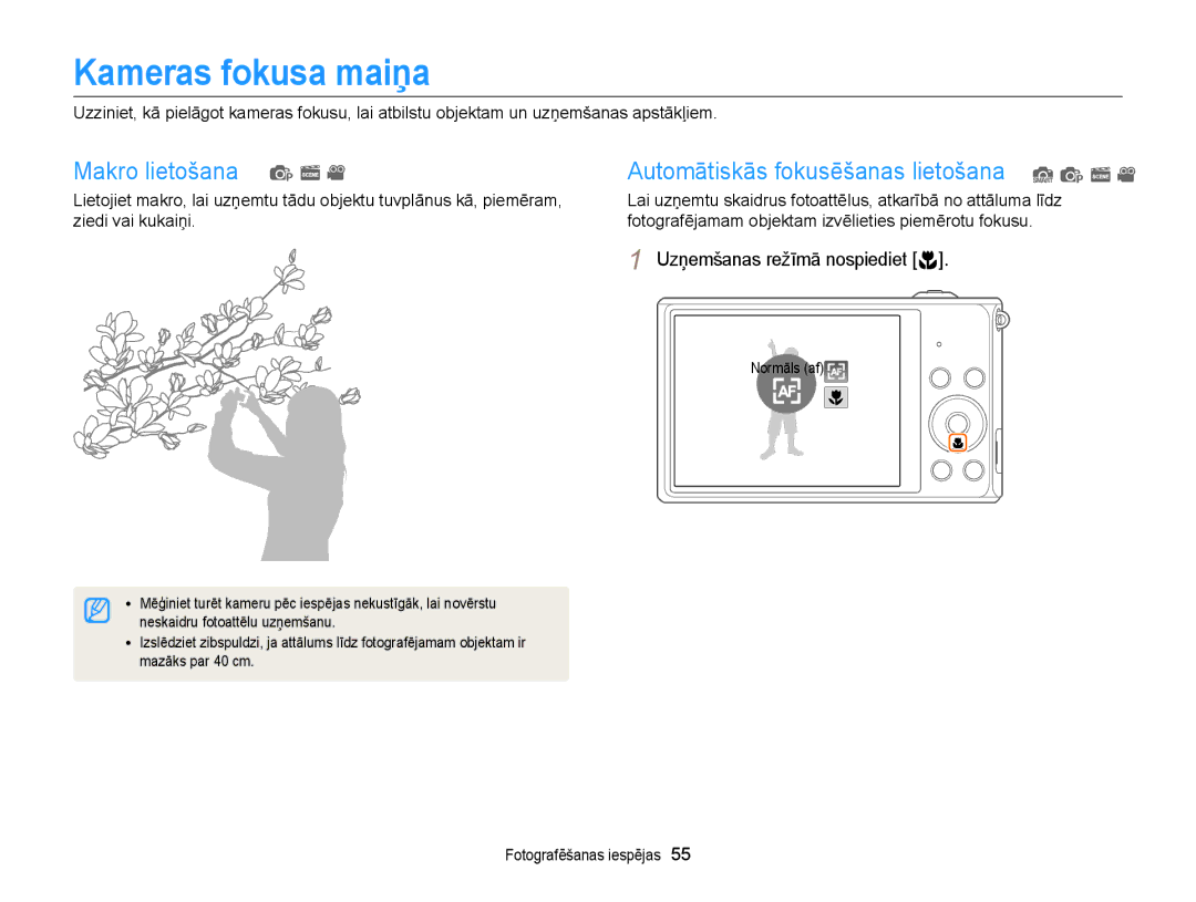 Samsung EC-ST77ZZFPLE2, EC-ST77ZZBPWE2, EC-ST77ZZBPRE2, EC-ST77ZZBPBE2 Kameras fokusa maiņa, Uzņemšanas režīmā nospiediet c 