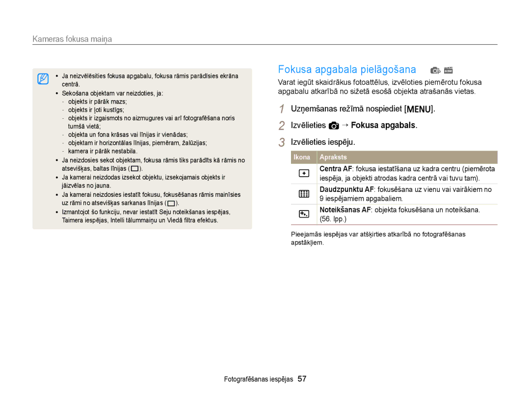 Samsung EC-ST77ZZFPBE2, EC-ST77ZZBPWE2, EC-ST77ZZBPRE2, EC-ST77ZZBPBE2, EC-ST77ZZFPWE2 manual Fokusa apgabala pielāgošana p s 