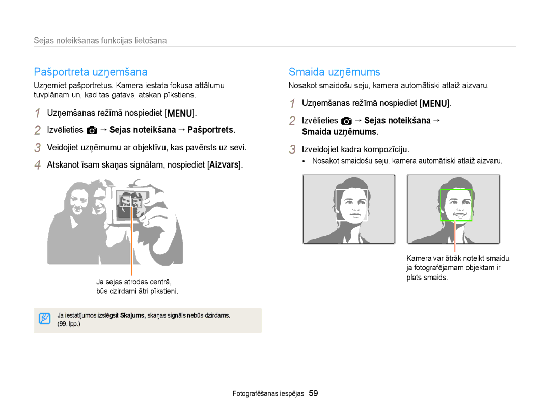 Samsung EC-ST77ZZBPWE2, EC-ST77ZZBPRE2 manual Pašportreta uzņemšana, Smaida uzņēmums, Sejas noteikšanas funkcijas lietošana 