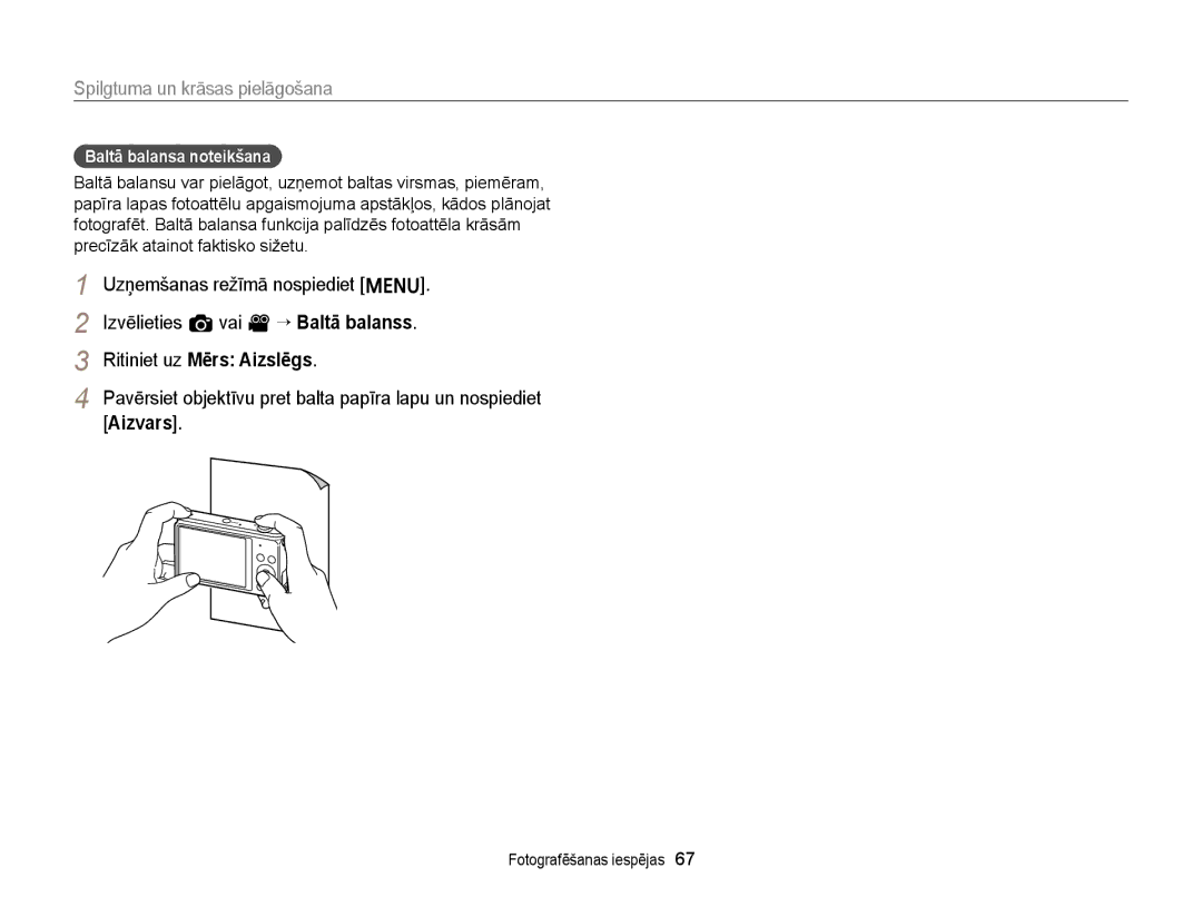 Samsung EC-ST77ZZFPBE2, EC-ST77ZZBPWE2, EC-ST77ZZBPRE2, EC-ST77ZZBPBE2, EC-ST77ZZFPWE2 manual Baltā balansa noteikšana 