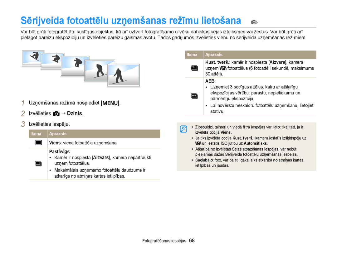 Samsung EC-ST77ZZBPLE2, EC-ST77ZZBPWE2, EC-ST77ZZBPRE2 manual Sērijveida fotoattēlu uzņemšanas režīmu lietošana, Pastāvīgs 