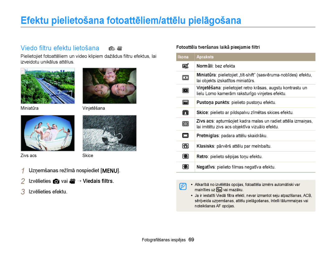 Samsung EC-ST77ZZBPWE2, EC-ST77ZZBPRE2 Efektu pielietošana fotoattēliem/attēlu pielāgošana, Viedo ﬁltru efektu lietošana p 