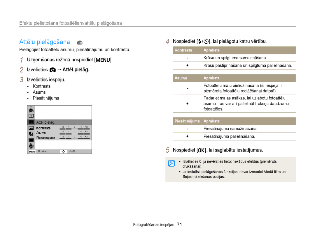 Samsung EC-ST77ZZBPBE2 Attēlu pielāgošana p, Nospiediet F/t, lai pielāgotu katru vērtību, Kontrasts Asums Piesātinājums 