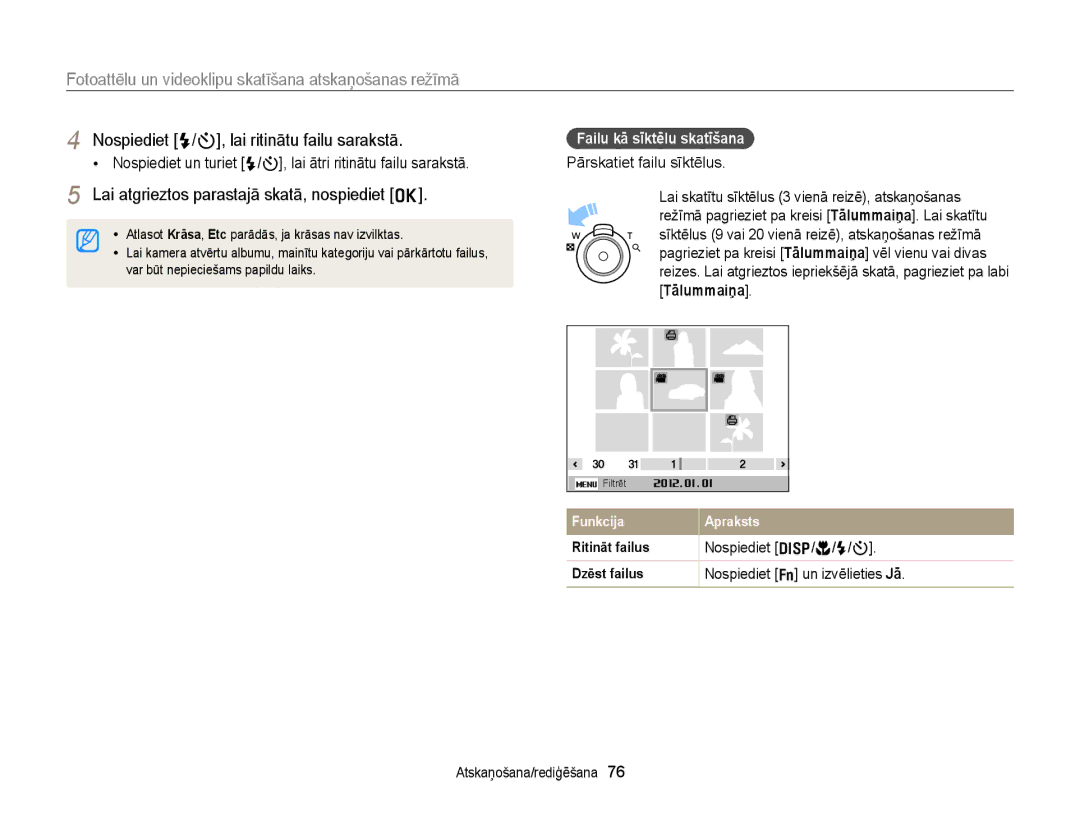 Samsung EC-ST77ZZFPSE2 manual Lai atgrieztos parastajā skatā, nospiediet o, Failu kā sīktēlu skatīšana, Tālummaiņa 