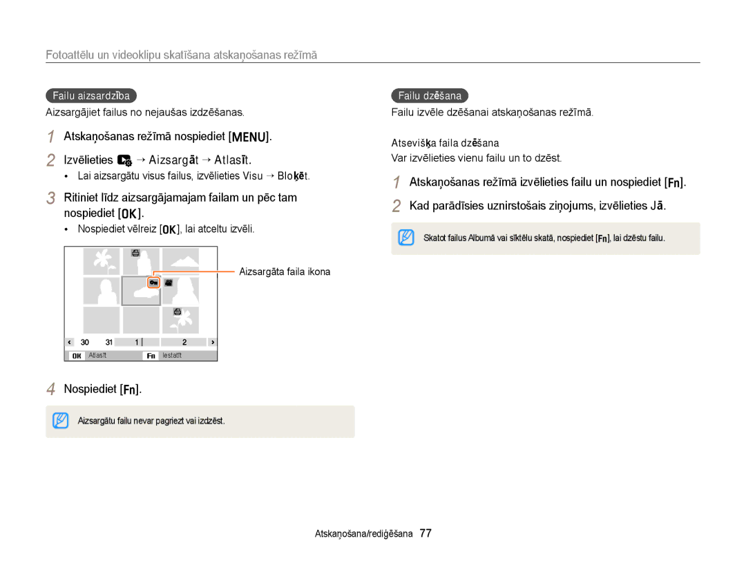 Samsung EC-ST77ZZFPBE2, EC-ST77ZZBPWE2, EC-ST77ZZBPRE2 manual Failu aizsardzība, Failu dzēšana, Atsevišķa faila dzēšana 