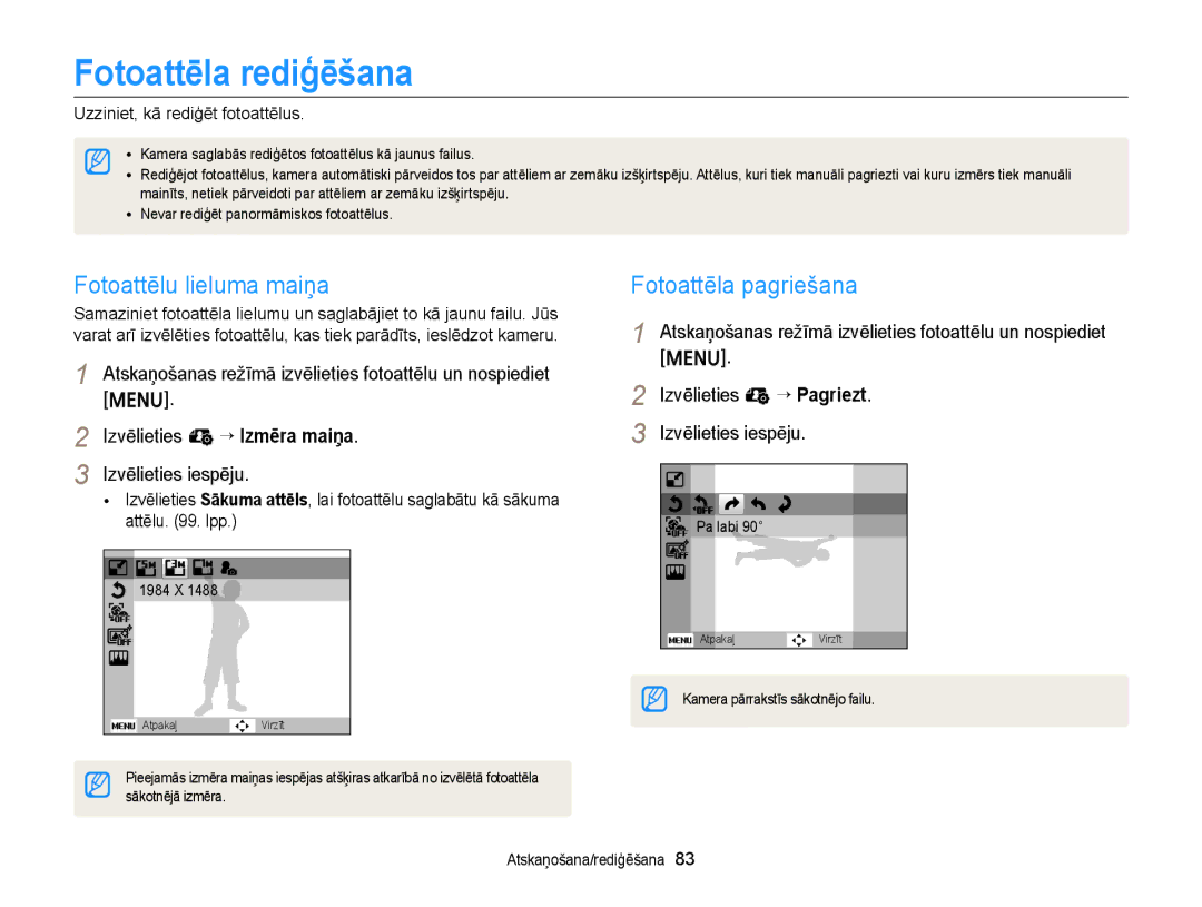 Samsung EC-ST77ZZFPRE2, EC-ST77ZZBPWE2 manual Fotoattēla rediģēšana, Fotoattēlu lieluma maiņa, Fotoattēla pagriešana 