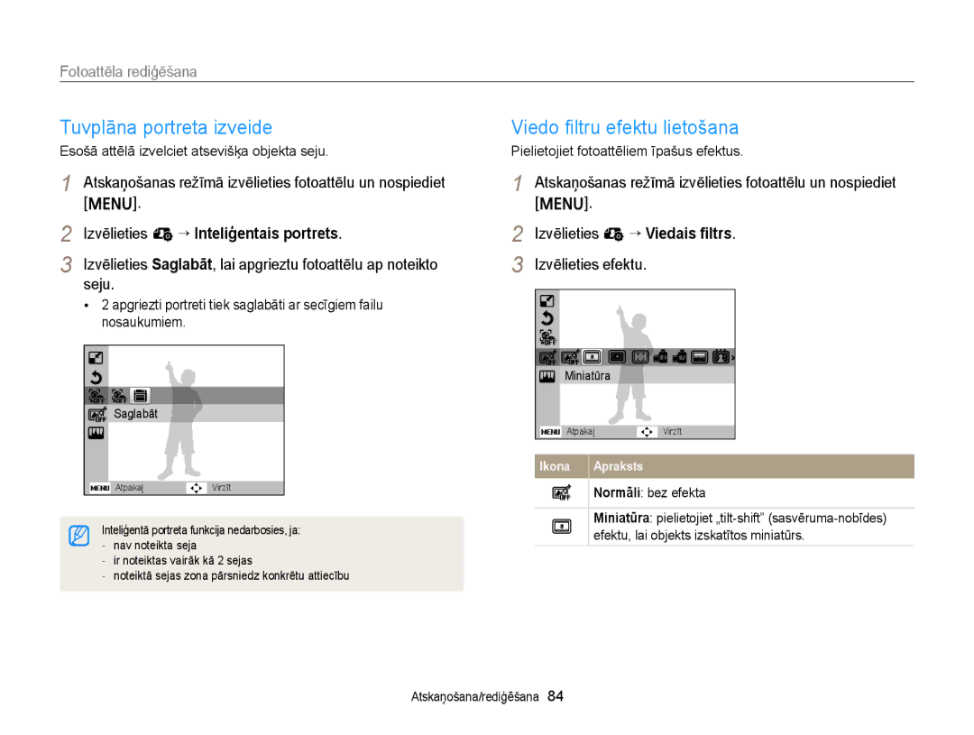 Samsung EC-ST77ZZBPSE2, EC-ST77ZZBPWE2, EC-ST77ZZBPRE2 manual Tuvplāna portreta izveide, Fotoattēla rediģēšana, Seju 