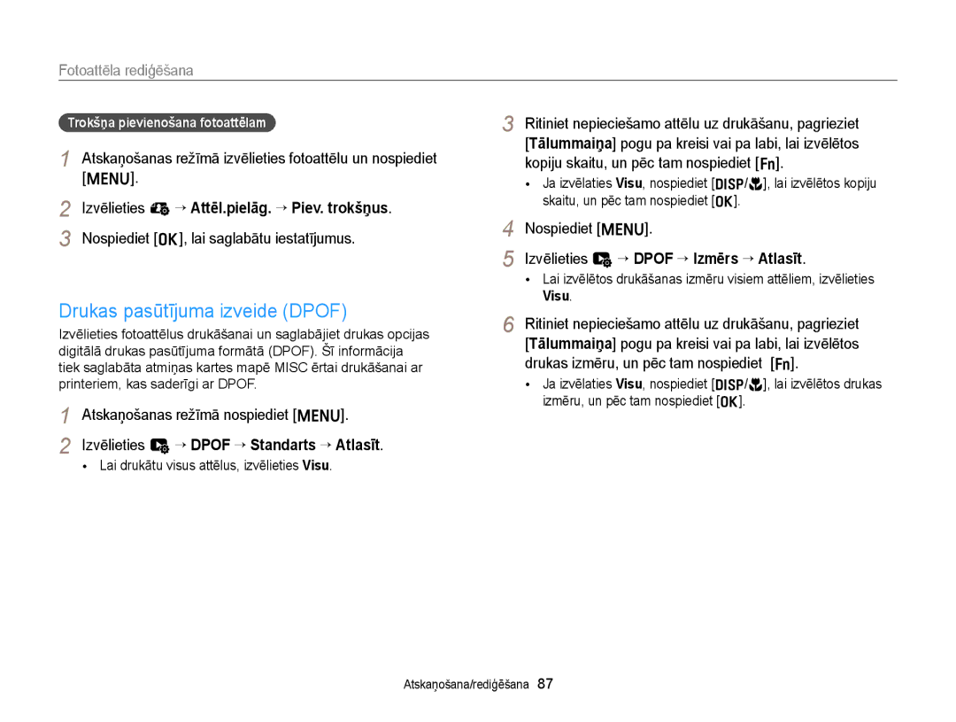 Samsung EC-ST77ZZFPBE2, EC-ST77ZZBPWE2, EC-ST77ZZBPRE2 Drukas pasūtījuma izveide Dpof, Trokšņa pievienošana fotoattēlam 