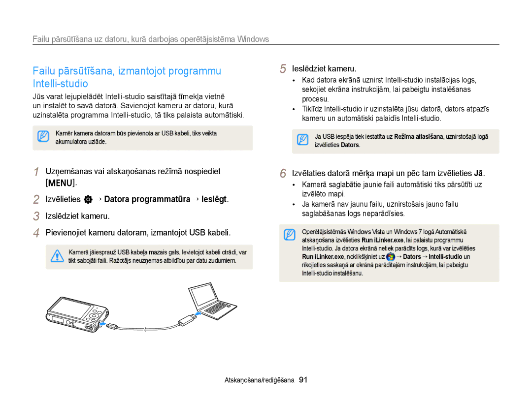 Samsung EC-ST77ZZBPBE2, EC-ST77ZZBPWE2, EC-ST77ZZBPRE2 manual Failu pārsūtīšana, izmantojot programmu Intelli-studio 