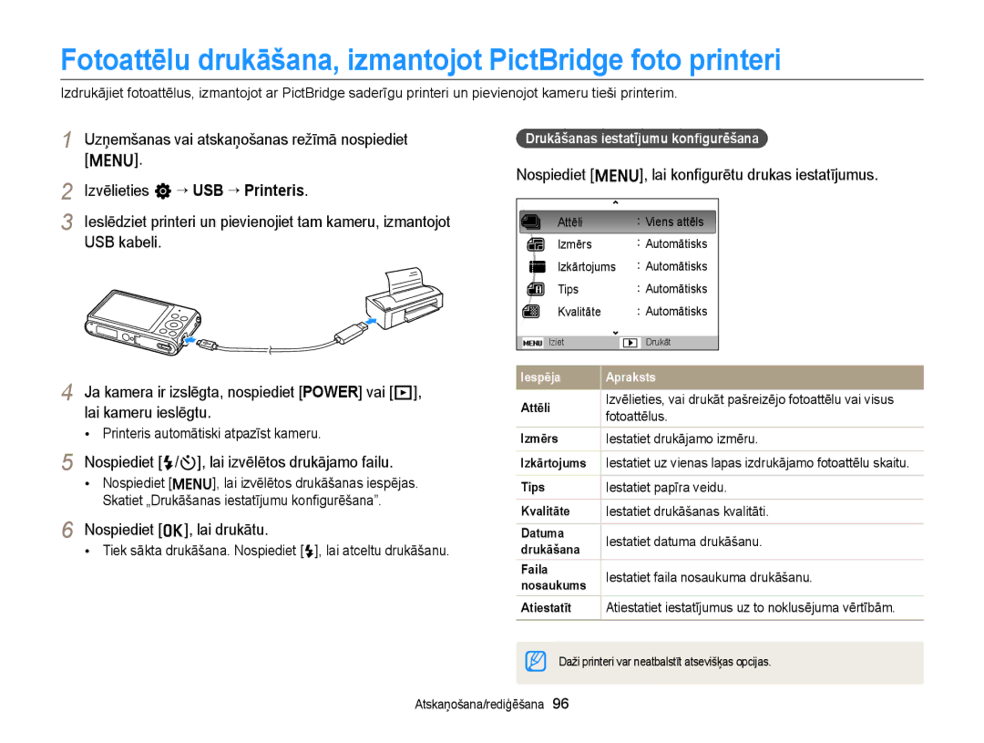 Samsung EC-ST77ZZFPSE2, EC-ST77ZZBPWE2, EC-ST77ZZBPRE2 manual Fotoattēlu drukāšana, izmantojot PictBridge foto printeri 