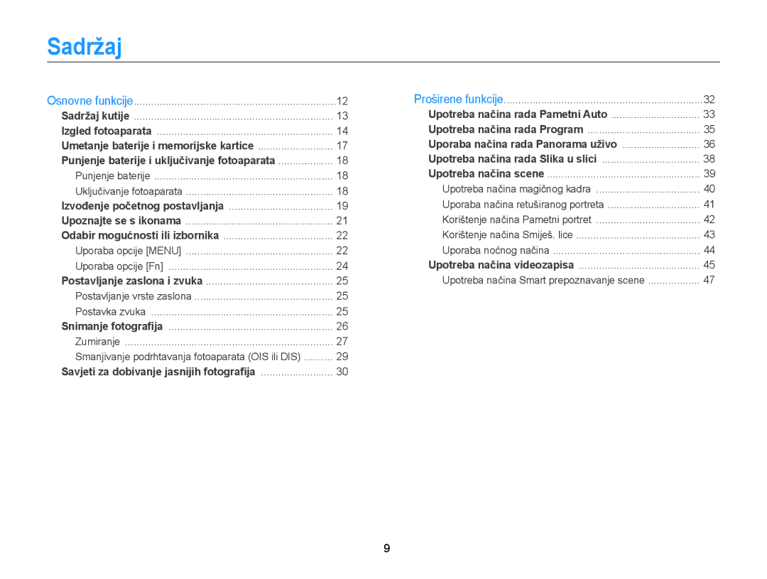 Samsung EC-ST77ZZBPSE3, EC-ST77ZZBPWE3, EC-ST77ZZFPBE3, EC-ST77ZZFPWE3, EC-ST77ZZBPBE3, EC-ST77ZZFPSE3 manual Sadržaj 