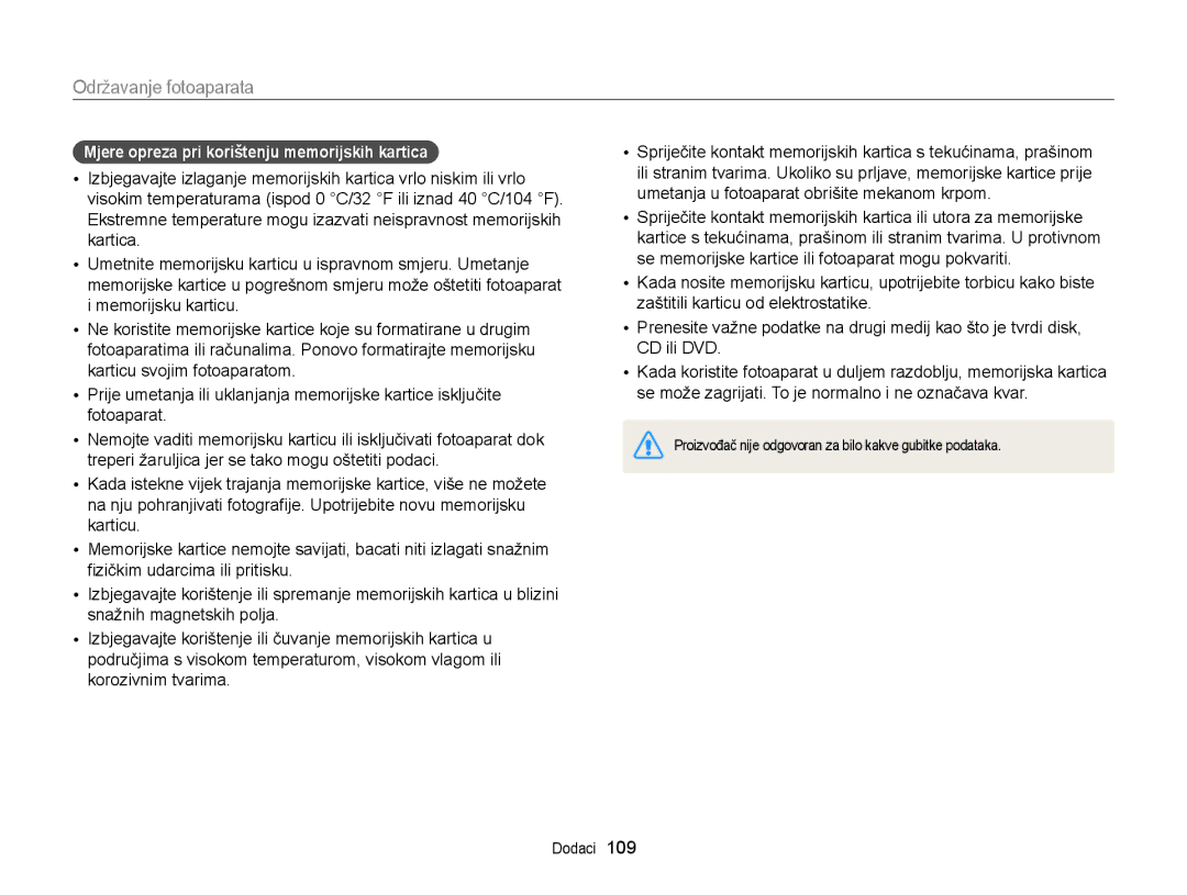 Samsung EC-ST77ZZFPWE3, EC-ST77ZZBPWE3, EC-ST77ZZFPBE3, EC-ST77ZZBPBE3 manual Mjere opreza pri korištenju memorijskih kartica 