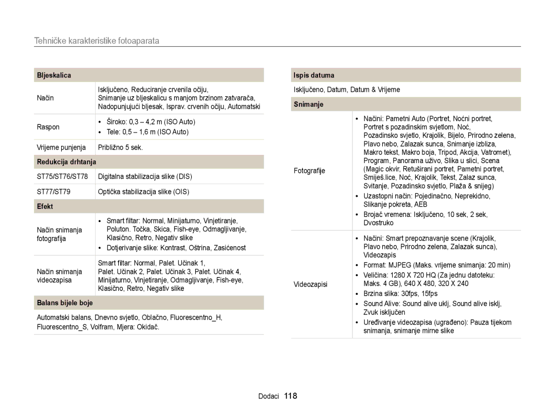 Samsung EC-ST77ZZFPSE3, EC-ST77ZZBPWE3, EC-ST77ZZFPBE3, EC-ST77ZZFPWE3 manual Tehničke karakteristike fotoaparata, Bljeskalica 