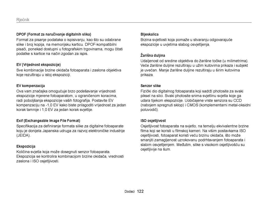 Samsung EC-ST77ZZBPBE3, EC-ST77ZZBPWE3, EC-ST77ZZFPBE3, EC-ST77ZZFPWE3, EC-ST77ZZBPSE3, EC-ST77ZZFPSE3 manual Rječnik 