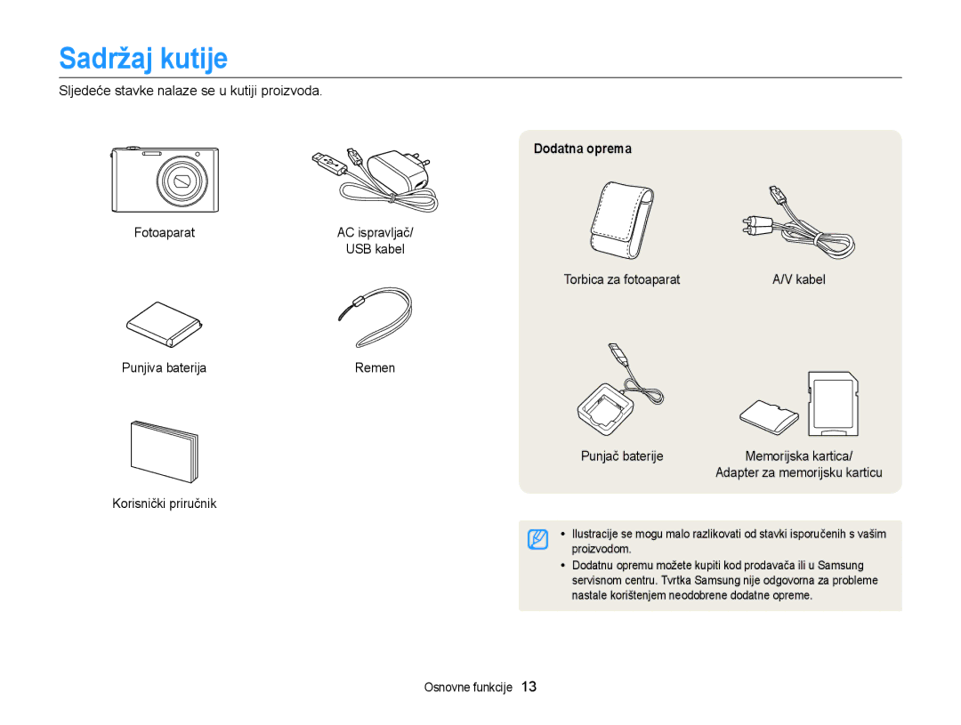 Samsung EC-ST77ZZFPWE3, EC-ST77ZZBPWE3, EC-ST77ZZFPBE3, EC-ST77ZZBPBE3, EC-ST77ZZBPSE3 manual Sadržaj kutije, Dodatna oprema 