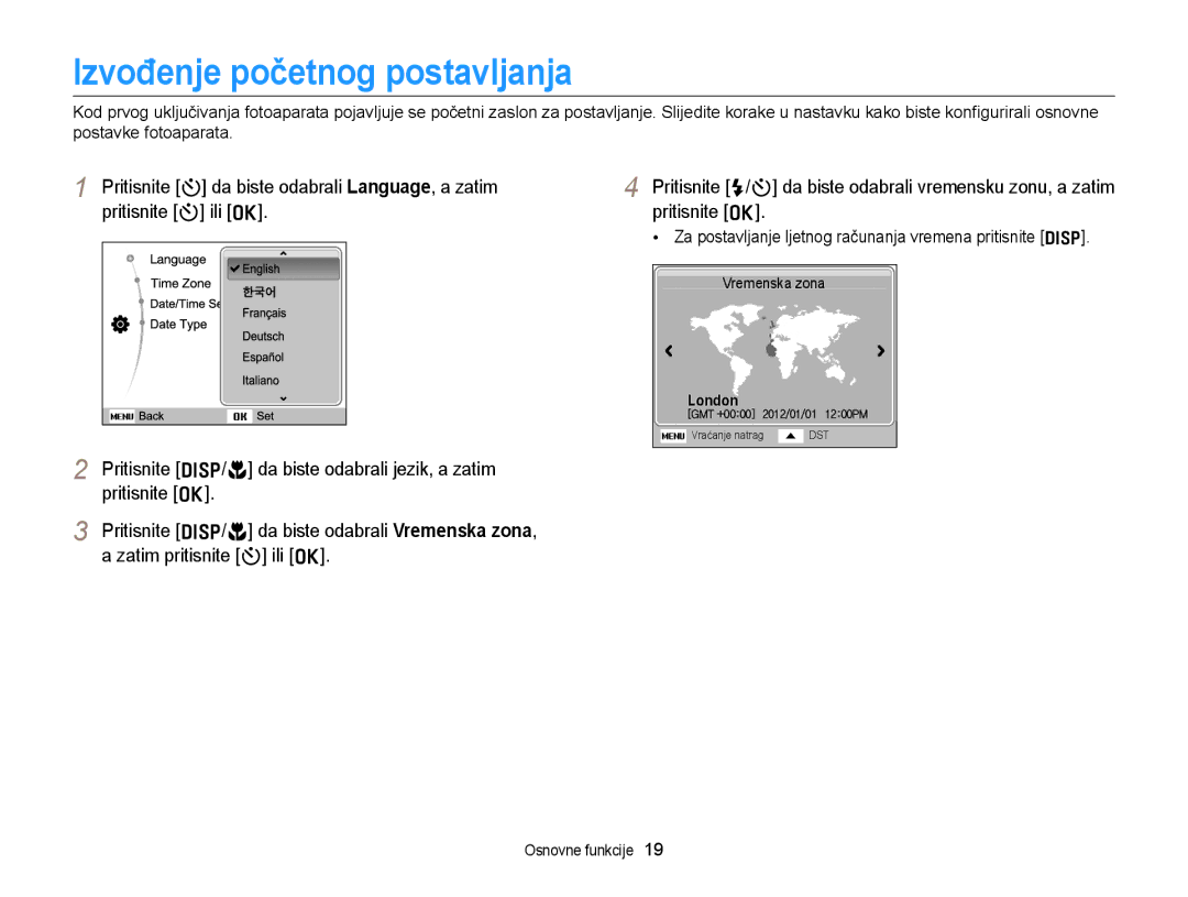 Samsung EC-ST77ZZFPWE3 manual Izvođenje početnog postavljanja, Za postavljanje ljetnog računanja vremena pritisnite D 