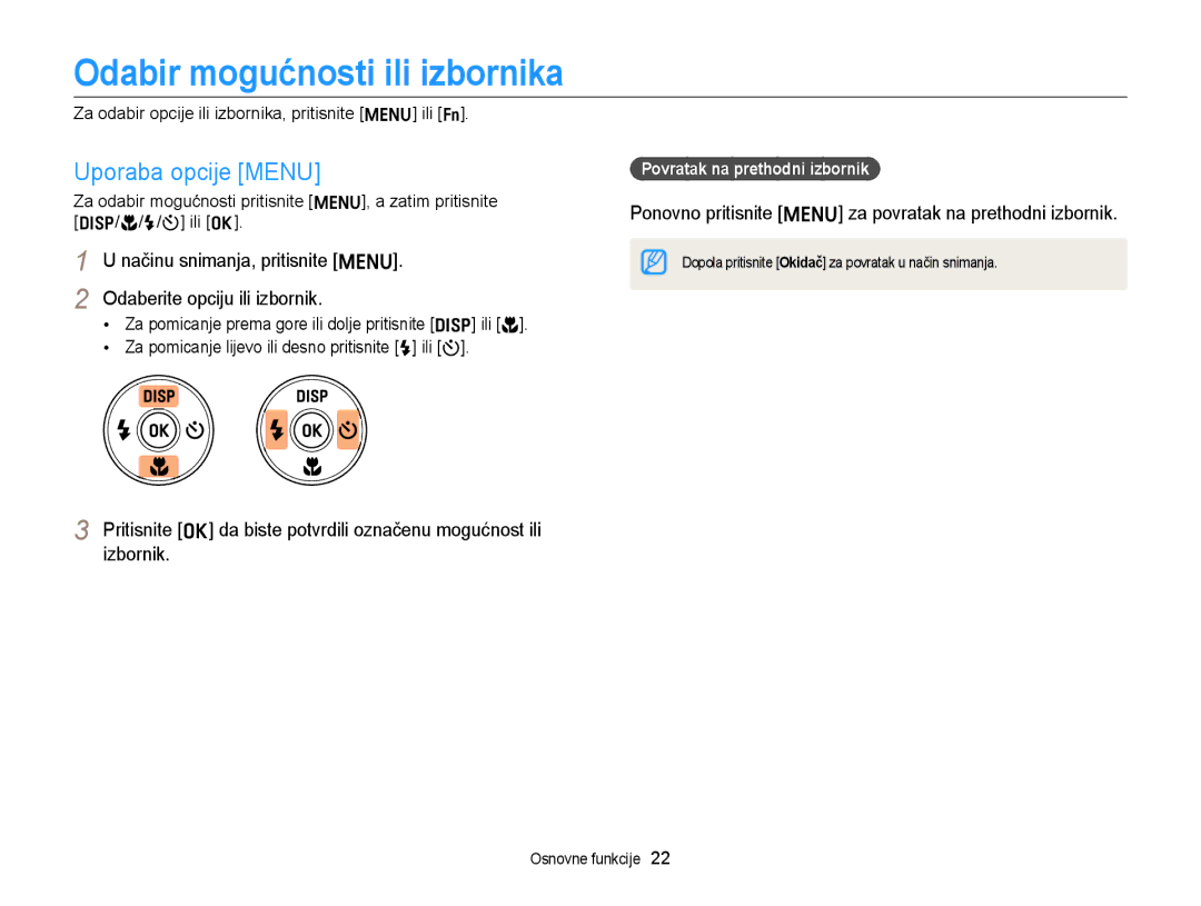 Samsung EC-ST77ZZFPSE3 manual Odabir mogućnosti ili izbornika, Uporaba opcije Menu, Povratak na prethodni izbornik 