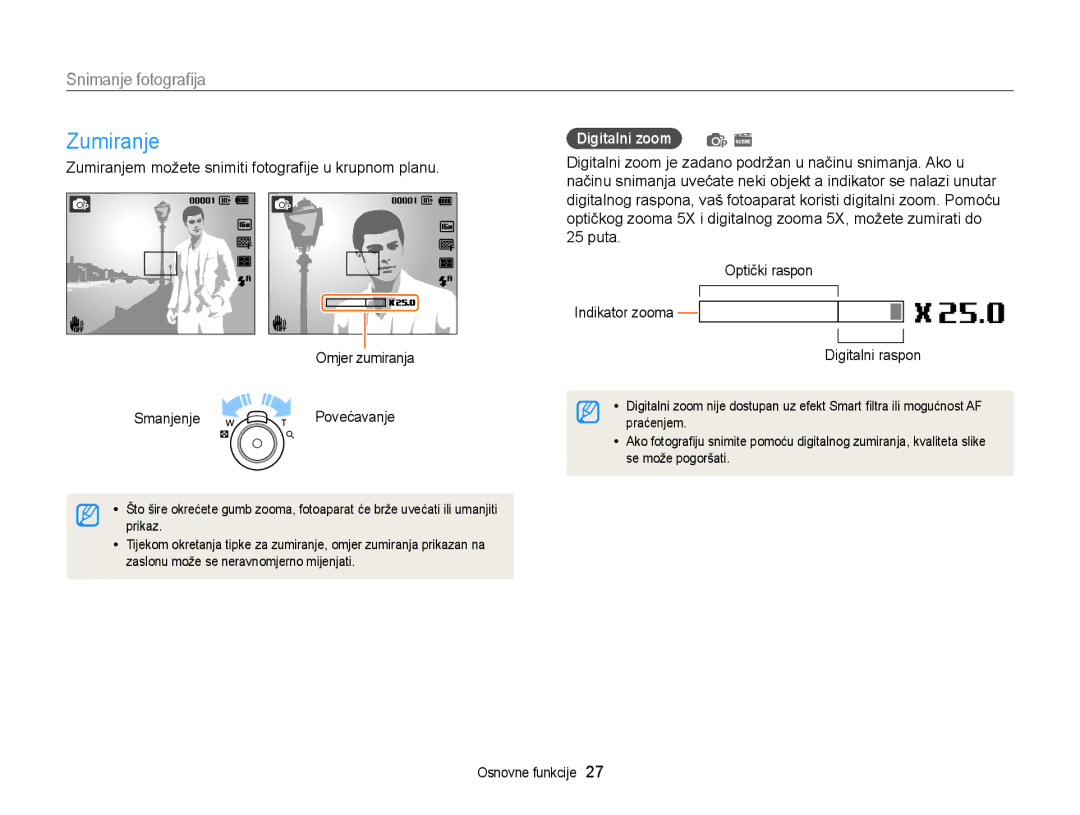 Samsung EC-ST77ZZBPSE3, EC-ST77ZZBPWE3, EC-ST77ZZFPBE3, EC-ST77ZZFPWE3 Zumiranje, Snimanje fotograﬁja, Digitalni zoom p s 