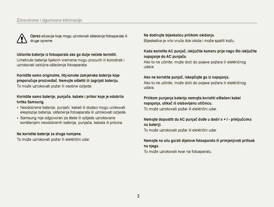 Samsung EC-ST77ZZBPBE3, EC-ST77ZZBPWE3 manual Zdravstvene i sigurnosne informacije, Ne koristite baterije za druge namjene 