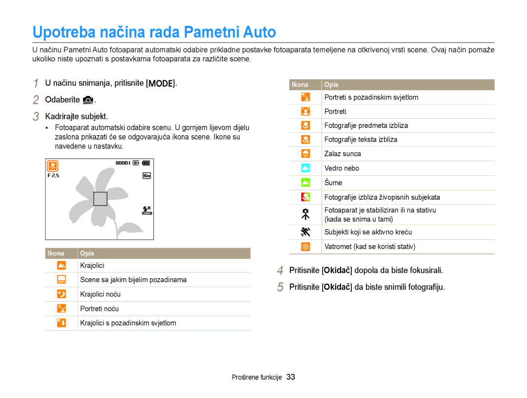 Samsung EC-ST77ZZBPSE3, EC-ST77ZZBPWE3 manual Upotreba načina rada Pametni Auto, Načinu snimanja, pritisnite M, Odaberite S 