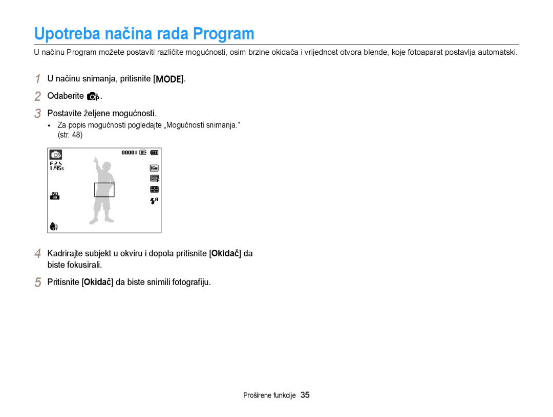 Samsung EC-ST77ZZBPWE3 manual Upotreba načina rada Program, Za popis mogućnosti pogledajte „Mogućnosti snimanja. str 