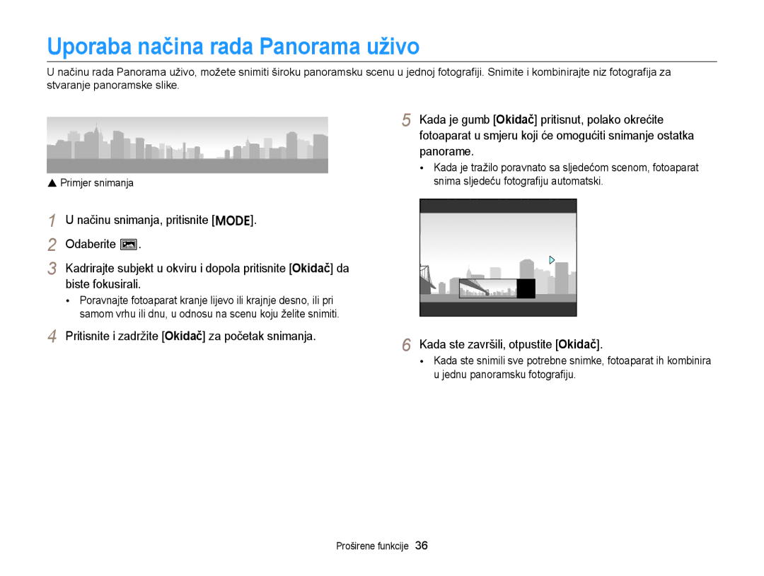 Samsung EC-ST77ZZFPBE3, EC-ST77ZZBPWE3 manual Uporaba načina rada Panorama uživo, Panorame, Odaberite N, Biste fokusirali 