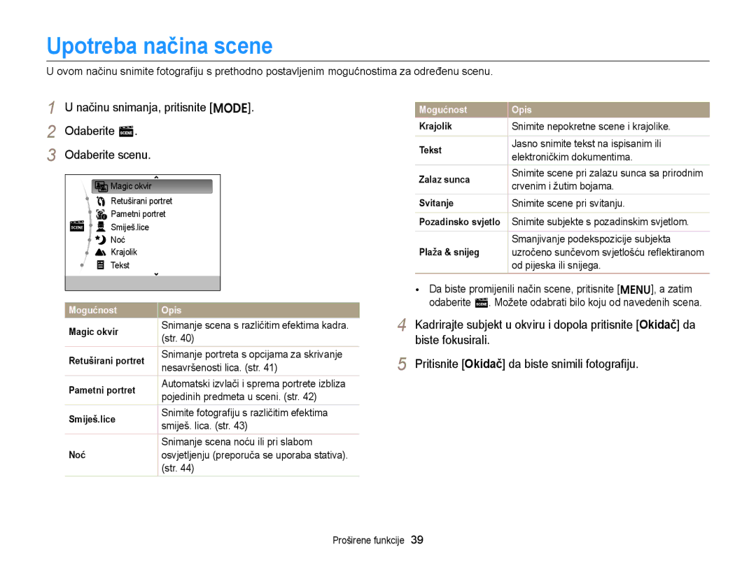 Samsung EC-ST77ZZBPSE3, EC-ST77ZZBPWE3 Upotreba načina scene, Načinu snimanja, pritisnite M Odaberite s Odaberite scenu 